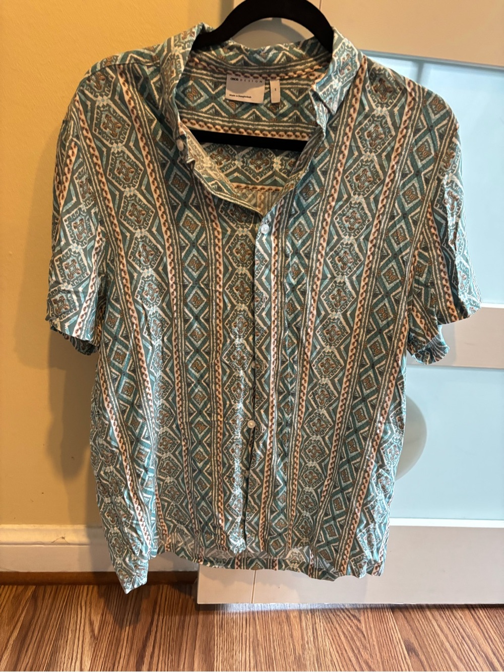 ASOS Teal and White Geometric Short-Sleeve Button-Down Shirt